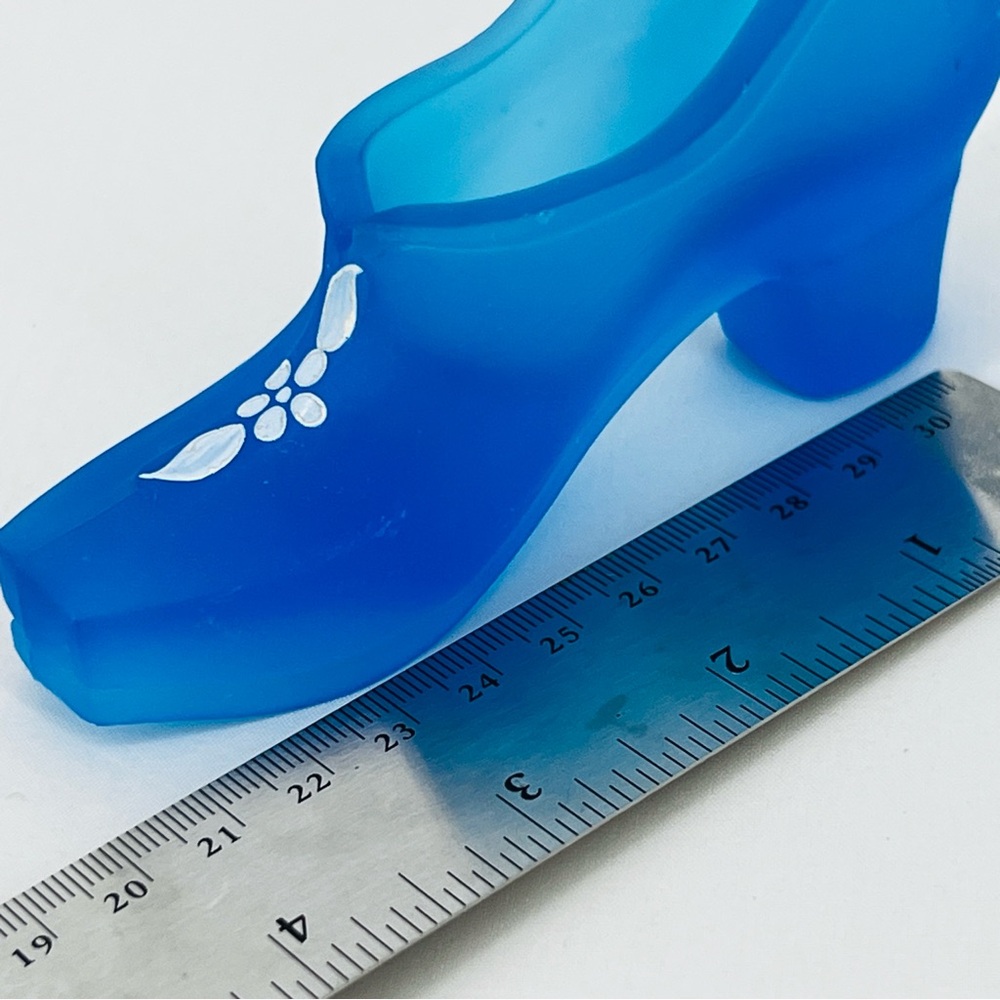 Westmoreland Blue Satin Glass Shoe Slipper Hand Painted Flowers Vintage - Picture 11 of 13